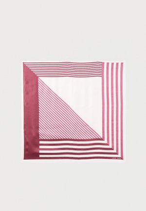 Kvadratisk silketørklæde med diagonale og vandrette striber i burgundy og pink på hvid baggrund.