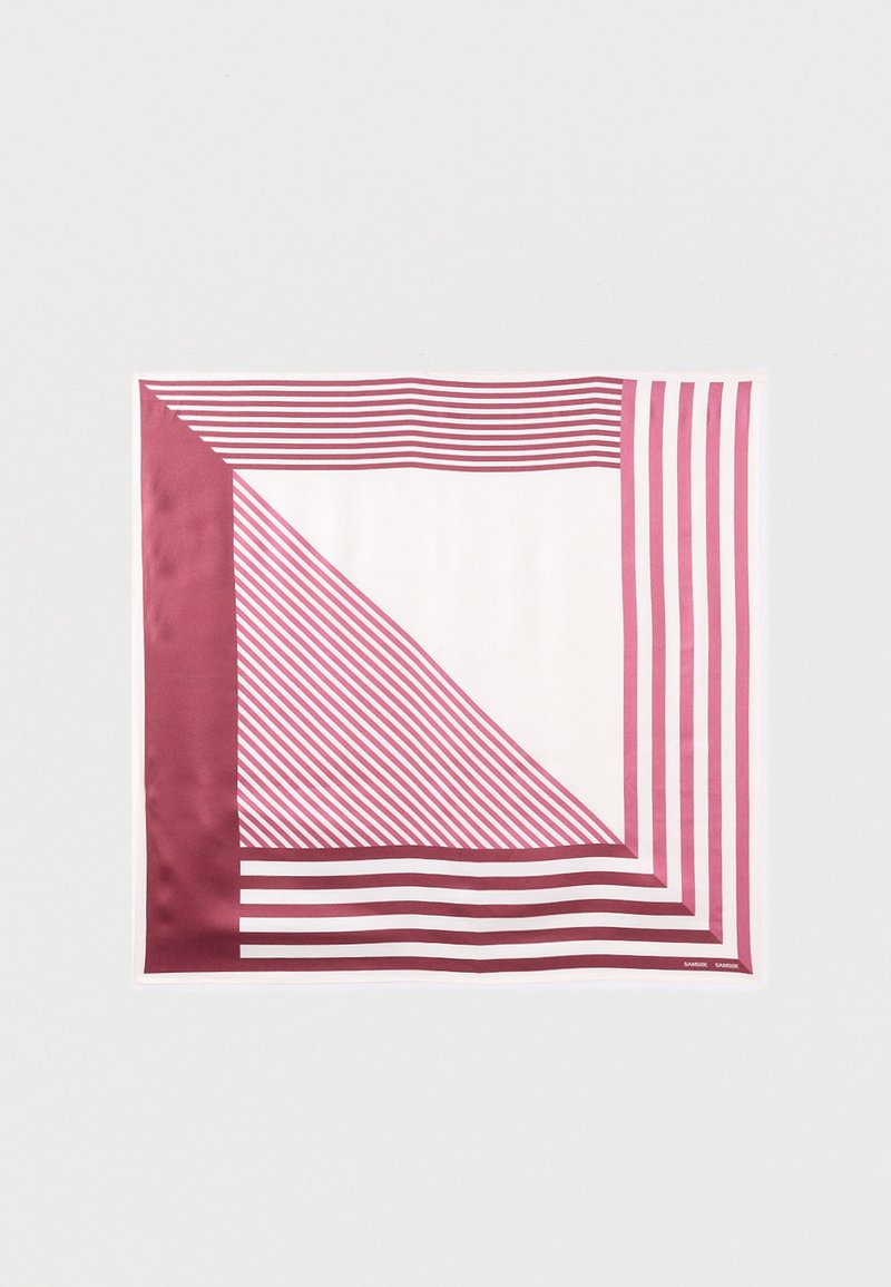 Foulard carré en soie avec des rayures diagonales et horizontales bordeaux et roses sur fond blanc.