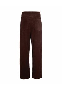 Pantaloni in corduroy marroni con vestibilità rilassata, gambe ampie, due tasche posteriori e trama a coste verticale.