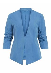 Modrá sako s výstřihem do V, nařasenými rukávy a hladkou texturou látky, s otevřeným předním designem a přizpůsobeným střihem.
