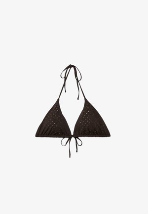 Haut de bikini noir en triangle avec liens au cou et dans le dos, orné de petites clous dorés uniformément espacés sur le tissu.