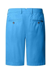 Pantaloncini blu fino al ginocchio con passanti per cintura e due tasche posteriori a filetto con bottone.