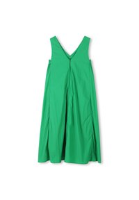 Abito verde senza maniche con scollo a V, realizzato in tessuto leggero. Presenta un design fluido con spacchi laterali e una cerniera sul retro.