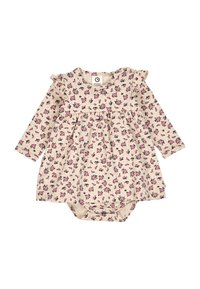 Vestito beige per neonati a maniche lunghe con stampa floreale rosa e nera, dettagli plissettati sulle spalle e bottoni a scatto sul fondo per un cambio facile.
