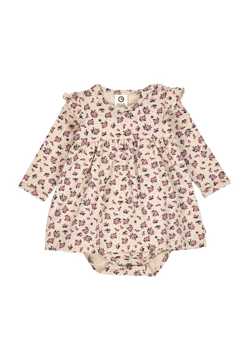 Vestito beige per neonati a maniche lunghe con stampa floreale rosa e nera, dettagli plissettati sulle spalle e bottoni a scatto sul fondo per un cambio facile.