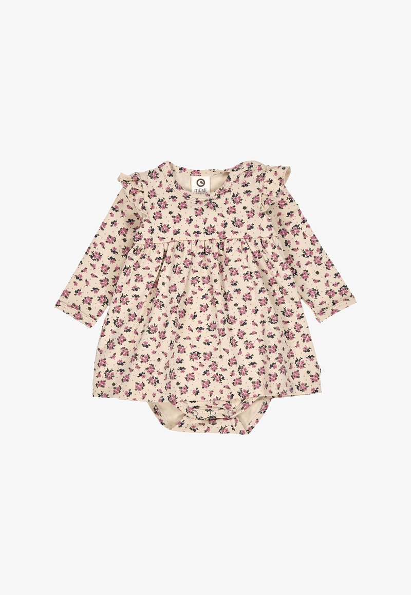 Vestito beige per neonati a maniche lunghe con stampa floreale rosa e nera, dettagli plissettati sulle spalle e bottoni a scatto sul fondo per un cambio facile.