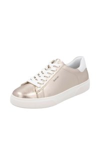 Metallic gold sneaker with white accents, featuring round toe, lace-up design, smooth texture, and rubber sole. Logo embossed on side.