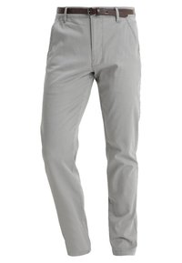Light grey trousers made of smooth fabric, featuring a straight leg design and a brown belt that complements the waistband.