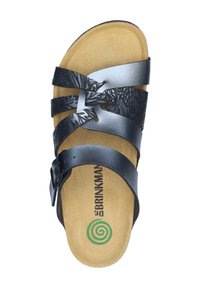 Black leather sandals with a patterned upper, adjustable buckle, and a cushioned tan footbed featuring a spiral logo.