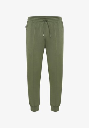 Pantaloni jogger verde oliva realizzati in tessuto morbido, con cinturino elastico e coulisse, gambe affusolate e polsini a costine.