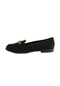 Black suede loafers with a rounded toe, flat rubber sole, and a decorative gold accent on the vamp. Smooth texture with minimal stitching.