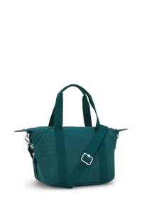 Teal fabric bag with dual handles and adjustable shoulder strap. Features contrasting zippers and silver hardware accents. Rectangular shape.
