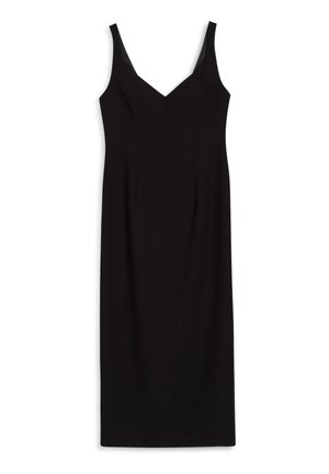 Robe noire sans manches avec un décolleté en V, silhouette ajustée et texture lisse. Détails de couture remarquables à l'avant.