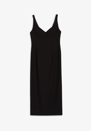 Vestido preto sem mangas com decote em V, silhueta ajustada e textura suave. Detalhes de costura notáveis na parte frontal.