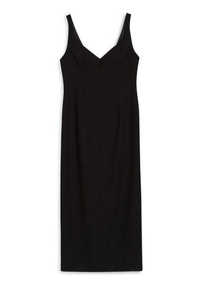 Black sleeveless dress with a v-neckline, fitted silhouette, and smooth texture. Notable seam detailing at the front.