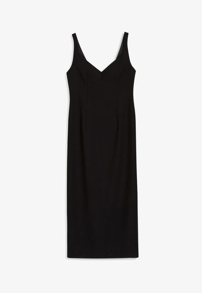 Black sleeveless dress with a v-neckline, fitted silhouette, and smooth texture. Notable seam detailing at the front.