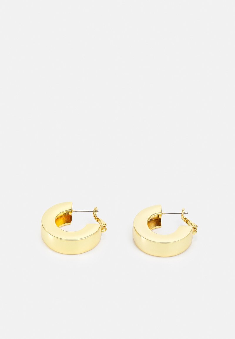 Boucles d'oreilles créoles épaisses en or avec fermoirs à charnière, finition polie, posées à plat sur fond blanc.
