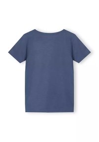 Koszulka z krótkim rękawem w ciemnoniebieskim kolorze, wykonana z bawełny, z okrągłym dekoltem i gładką, jednolitą fakturą. Wyświetlony widok z tyłu, bez grafik i wzorów.