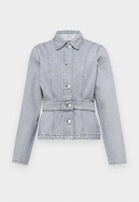 Veste en denim gris clair avec un col, des boutons-pression, une taille ajustée et de subtils détails de couture. Manches longues avec un design structuré.