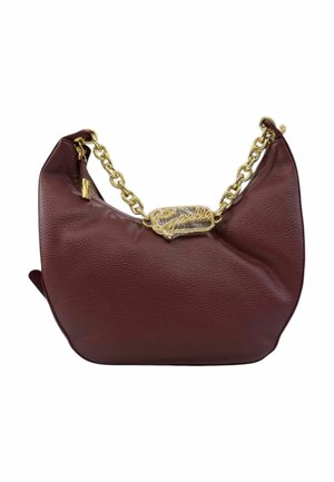 Borsa in pelle bordeaux con tracolla in catena dorata e targa logo trasparente. Design arrotondato con una superficie morbida e tasca con zip.