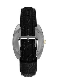 Bracelet de montre en cuir noir avec un motif gaufré, boucle en argent poli et dos de boîtier métallique. Accent doré près de la couronne.