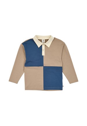 Rugbytrøje med lange ærmer i beige og blå farveblokke og en hvid krave med to knapper på frontstolpen.