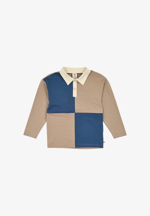 Rugbyshirt met lange mouwen met beige en blauwe kleurvlakken en een witte kraag met twee knopen op de voorkant.