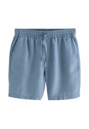 Lichtblauwe linnen korte broek met een elastische tailleband, verstelbare trekkoord en zijzakken. Loszittend met een gladde textuur.