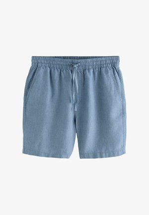 Light blue linen shorts with an elastic waistband, adjustable drawstring, and side pockets. Loose-fitting with a smooth texture.