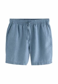 Shorts bleu clair en mélange de lin, avec une taille élastique, un cordon de serrage et deux poches latérales. Le tissu a une apparence douce et texturée.