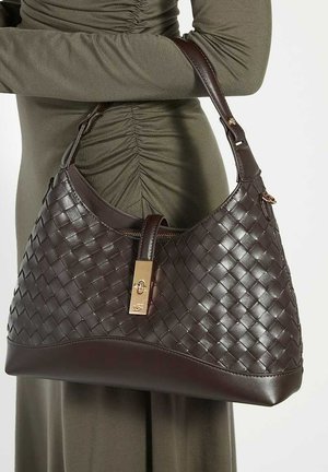 Brown woven leather handbag with a smooth base, gold hardware, and a zip closure. The structured shape features a single shoulder strap.