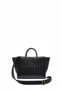 Melns ādas plecu somiņa ar izšūtu rakstu, diviem rokturiem, noņemamu plecu siksnu un zelta krāsas metāla detaļām. Taisnstūrveida forma ar sašaurinātām malām.