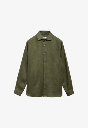 Olivno zelena lanena srajca s usko podprtim ovratnikom, dolgimi rokavi in gumbnim zapenjanjem. Ima teksturirano blago z sproščenim krojem.