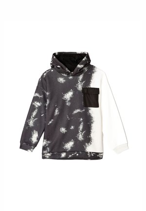 Bluza z kapturem w czarno-białym wzorze tie-dye, z khaki kieszenią i luźnym krojem z długimi rękawami. Materiał mieszany bawełniany.