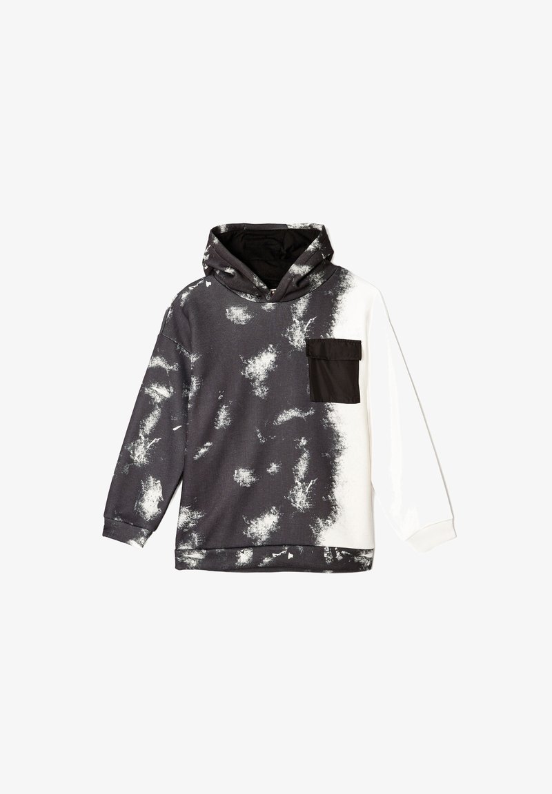 Kapuzensweatshirt mit einem schwarz-weißem Batikmuster, khakifarbenem Taschen und einer lässigen Passform mit langen Ärmeln. Material aus Baumwollmischung.