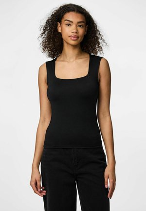 Top senza maniche nero con scollatura quadrata. Realizzato in tessuto morbido, di forma aderente, senza ulteriori motivi o decorazioni.