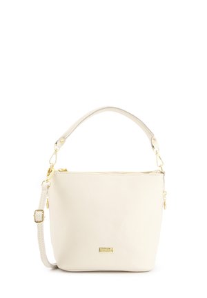 Cremfarbene Lederhandtasche mit glatter Oberfläche, goldenen Beschlägen, abnehmbarem Schulterriemen und einem oberen Reißverschluss.