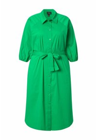 Grünes midi-Kleid mit Knopfleiste, dreiviertel Puffärmeln, spitzem Kragen und gebundenem Taillengürtel.