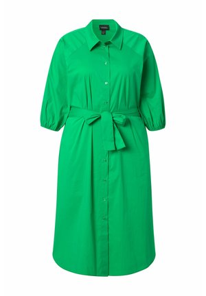Grünes midi-Kleid mit Knopfleiste, dreiviertel Puffärmeln, spitzem Kragen und gebundenem Taillengürtel.