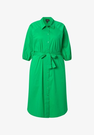 Grøn knælang skjortekjole med trekvartlange pufærmer, spids krave og bundet taljebælte.