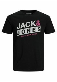Černé bavlněné tričko s grafickým motivem, na kterém je nápis "JACK & JONES" bílým a růžovým písmem, a další text v šedé barvě. Krátké rukávy, kulatý výstřih.