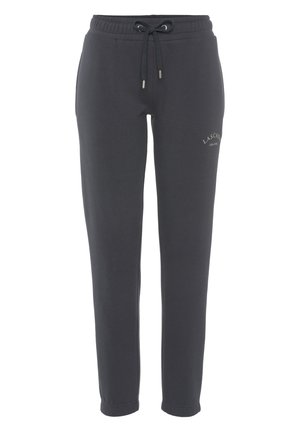 Jogging gris foncé en mélange de coton, avec une taille à cordon, une coupe fuselée et un petit logo sur le devant.
