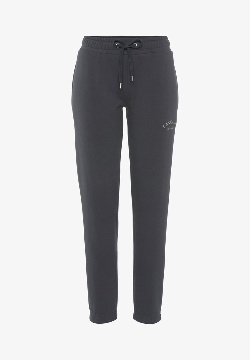 Dunkelgraue Sweatpants aus Baumwollmischung mit einem Kordelzugbund, schmal zulaufendem Bein design und einem kleinen Logo-Detail auf der Vorderseite.