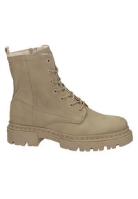 Stivale alla caviglia in pelle beige con punta rotonda, lacci frontali e suola in gomma spessa. Presenta cuciture e un tassello sul retro per una facile calzata.