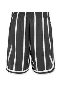 Svarta träningsshorts med vita vertikala ränder, elastisk midja och en sportig design. Lätt material, skräddarsydda för komfort och rörelse.