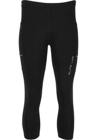 Schwarze, eng anliegende Sportleggings aus dehnbarem Material. Mit reflektierenden Akzenten und seitlichen Mesh-Einsätzen für Belüftung.