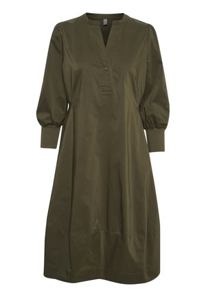 Olijfgroene katoenen jurk met een v-hals, knoopdetails en pofmouwen. Heeft een iets uitlopende silhoeette en geribbelde manchetten.
