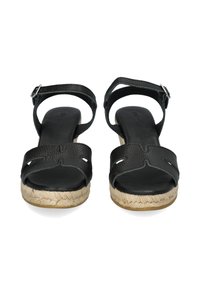 Zwarte leren sandalen met een espadrille-stijl jute zool. Heeft een strappy ontwerp met uitsparingen en een verstelbare enkelgesp.