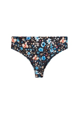 Mustat naisten bikinihousut, joissa on monivärinen kukkakuosi sinisillä, valkoisilla ja persikanvärisillä kukilla saumattomassa kankaassa.