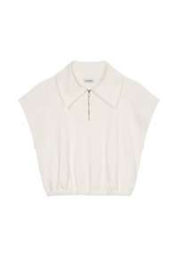 Kortermet, crop-top i off-white stoff. Har stor krage og glidelås foran. Tekstursøm langs sidene.